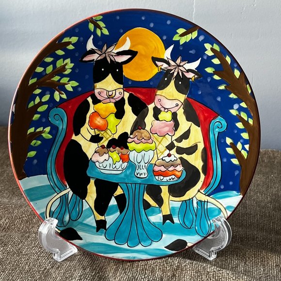 Vintage Wooly Dreams Design 2002 Lula Chang Cows Eating Ice Cream Plate - Rare